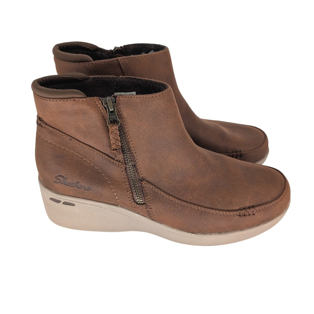 Skechers Pier-Lite Natural Charm Wedge Bootie Womens 10 Brown Zip Gorpcore Cozy